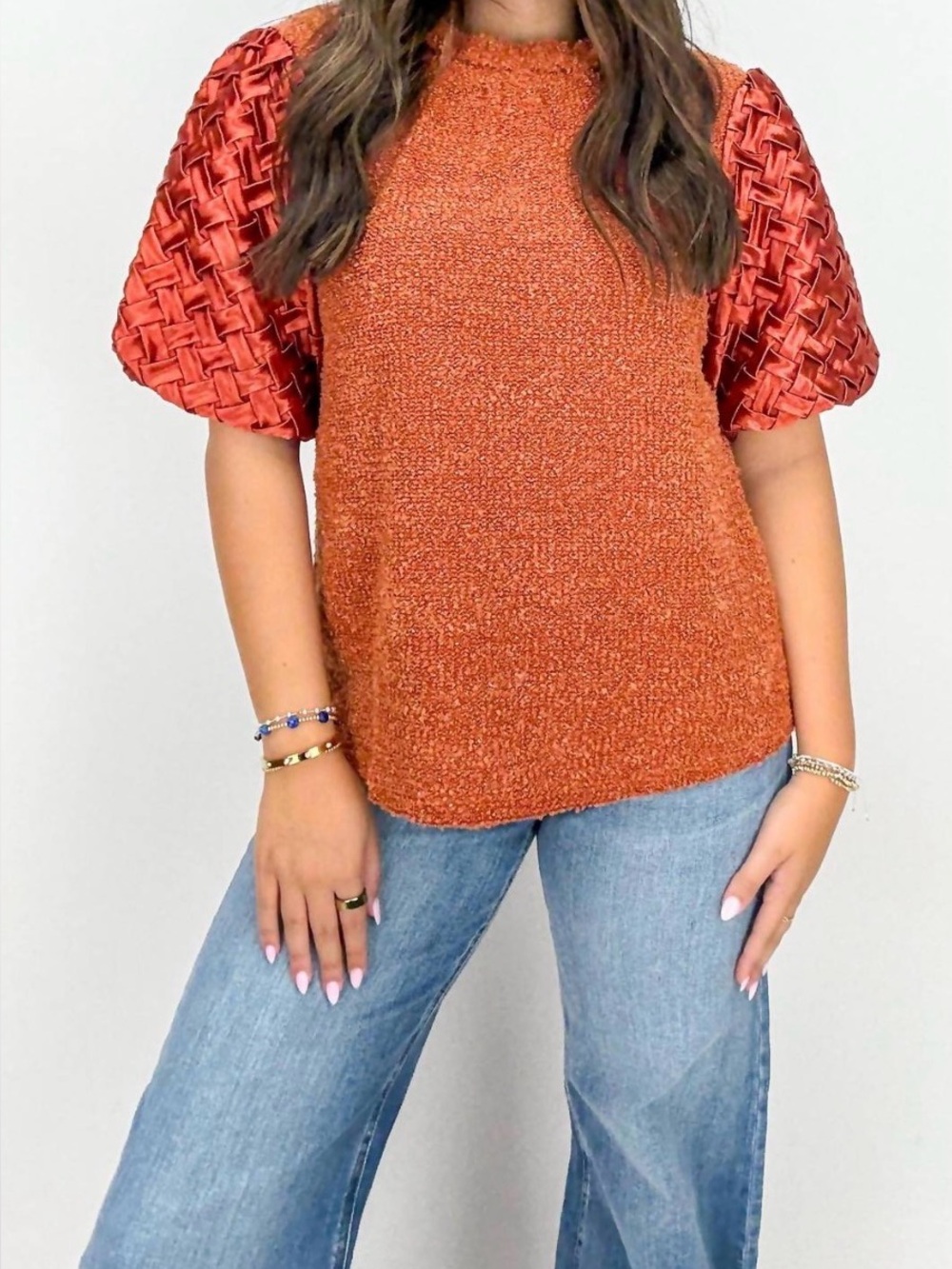 NEW VOY Brynn Top Large Rust Orange Braided Neck Weave Puff Sleeve Blouse